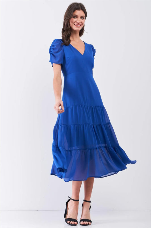 Royal-Blue Short Ruched Sleeve V-Neck Tiered Midi Dress /2-1-3 - Tasha Apparel Wholesale