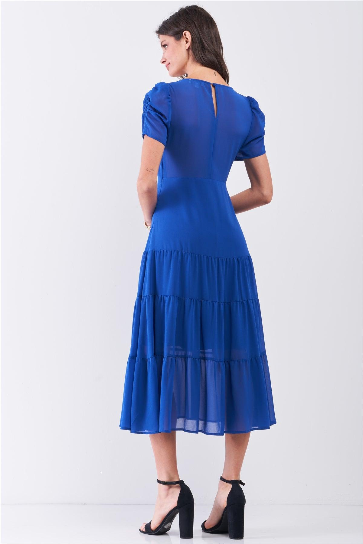 Royal-Blue Short Ruched Sleeve V-Neck Tiered Midi Dress /2-1-3