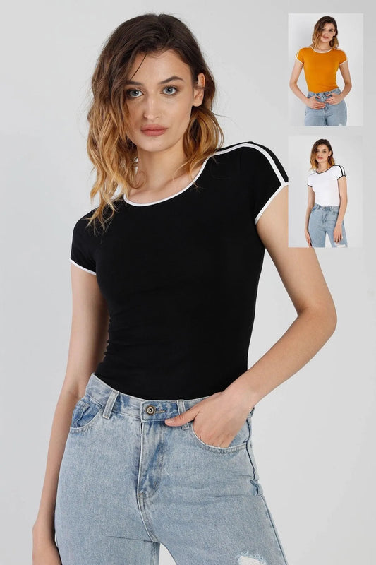 Stripe Contrast Trim Short Sleeve 3 Pcs Bodysuit /3-3-3 - Tasha Apparel Wholesale