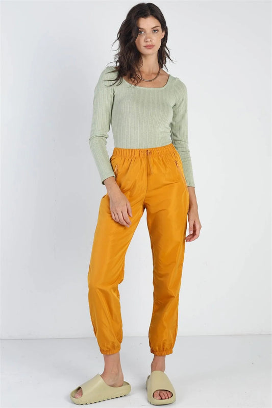 Mustard Glossy High Waist Cargo Jogger Pants /2-2-2 - Tasha Apparel Wholesale