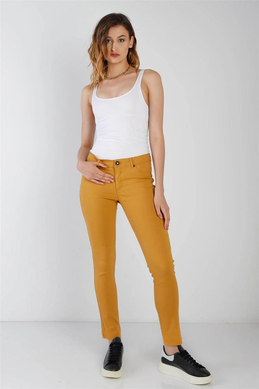 Mustard Contrast Button Mid Rise Skinny Pants /1-3-2 - Tasha Apparel Wholesale
