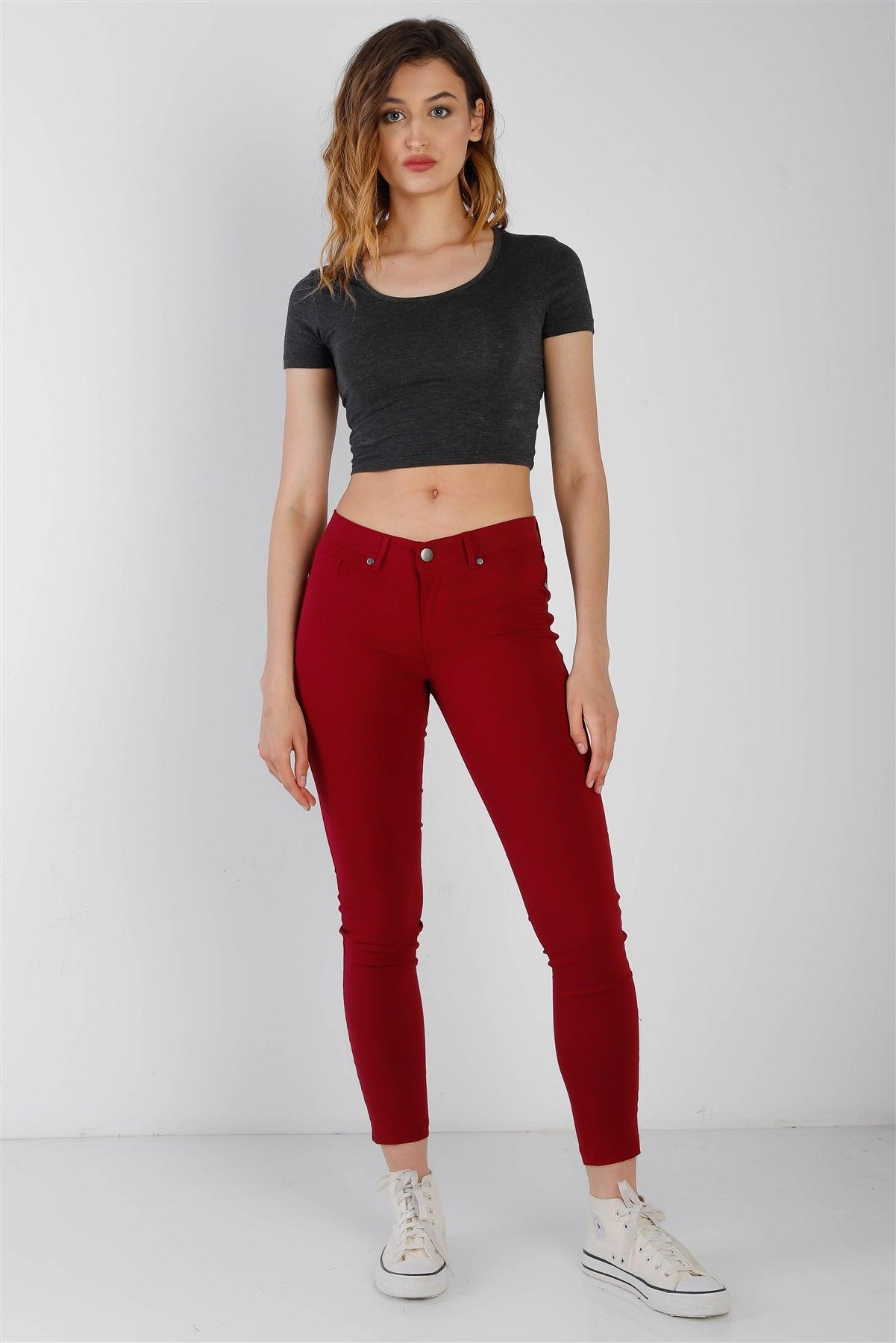 Ruby Red Contrast Button Mid Rise Skinny Pants /2-2-2