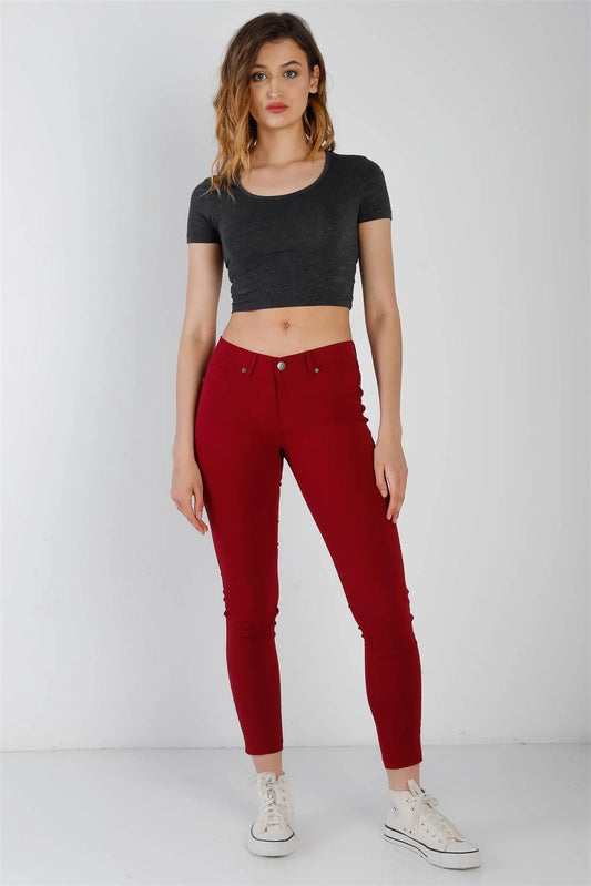 Ruby Red Contrast Button Mid Rise Skinny Pants - Tasha Apparel Wholesale