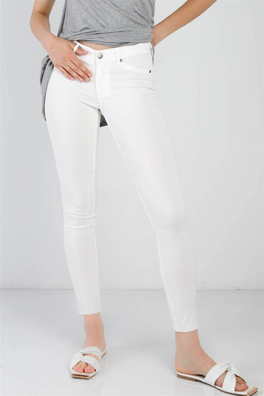 White Contrast Button Mid Rise Skinny Pants /2-2-2 - Tasha Apparel Wholesale