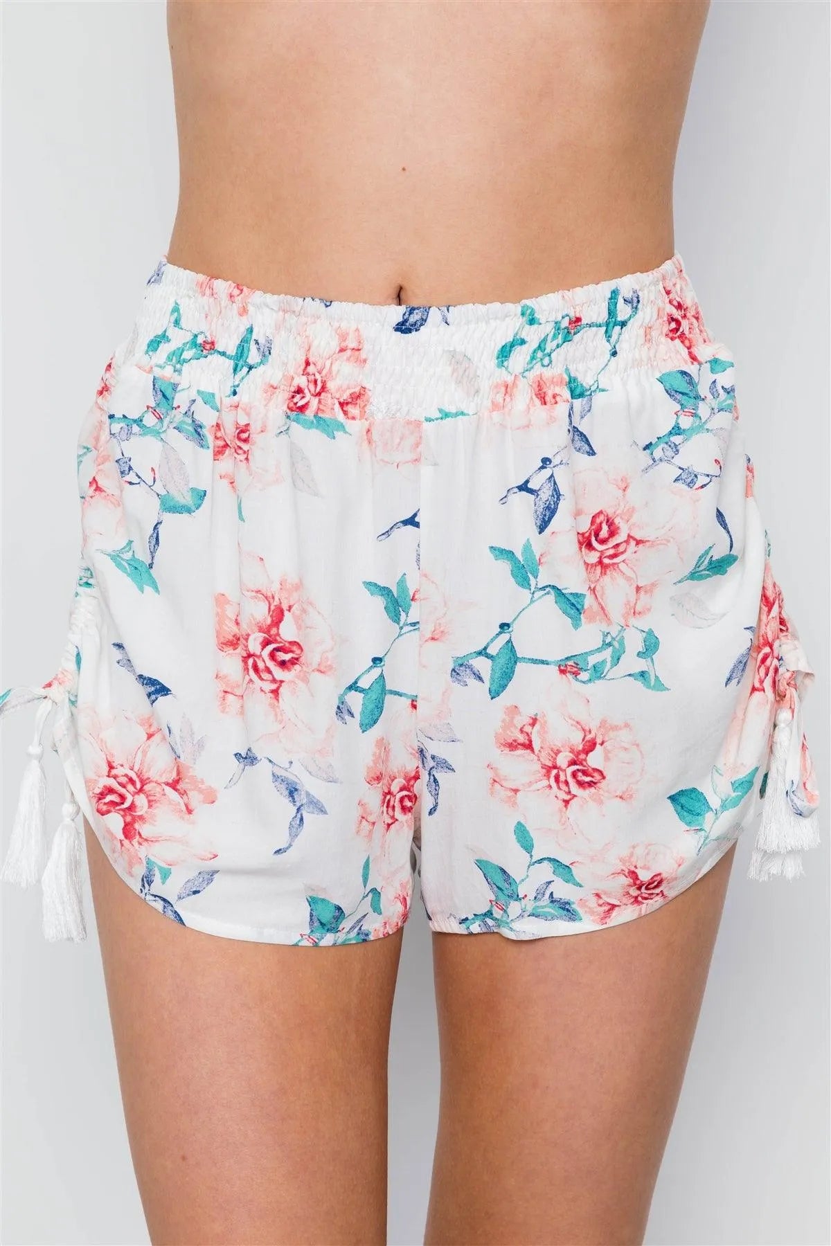 Off White Floral Print Mid Rise Tassel Short / 2-2-2 - Tasha Apparel Wholesale