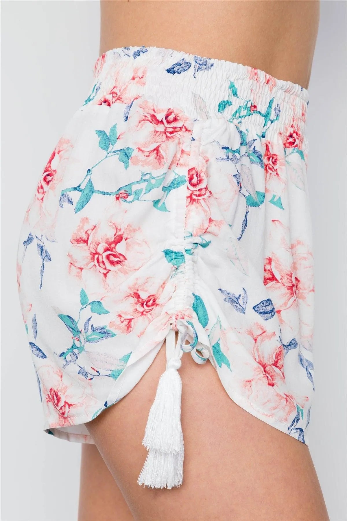 Off White Floral Print Mid Rise Tassel Short / 2-2-2 - Tasha Apparel Wholesale