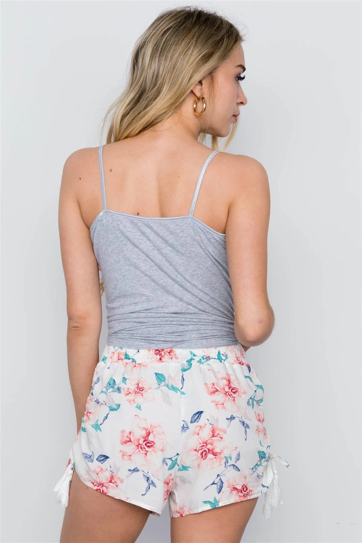 Off White Floral Print Mid Rise Tassel Short / 2-2-2 - Tasha Apparel Wholesale