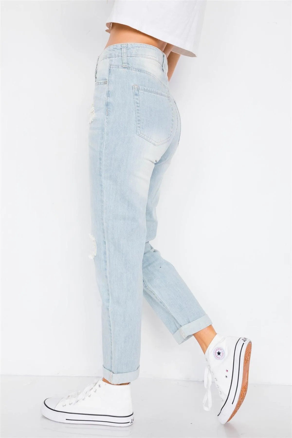 Light Denim Distressed Wide Leg Boyfriend Jeans /2-2-1 - Tasha Apparel Wholesale
