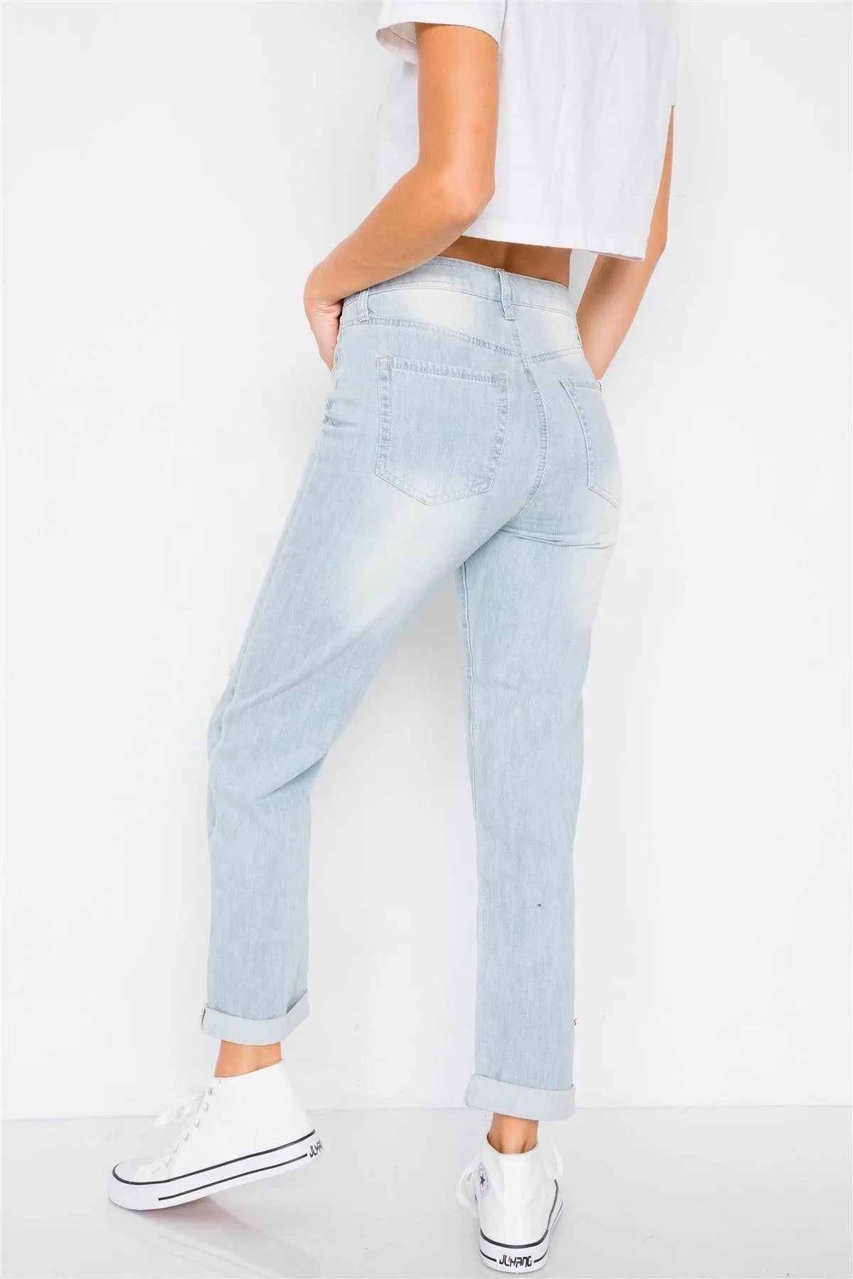 Light Denim Distressed Wide Leg Boyfriend Jeans /2-2-2 - Tasha Apparel Wholesale