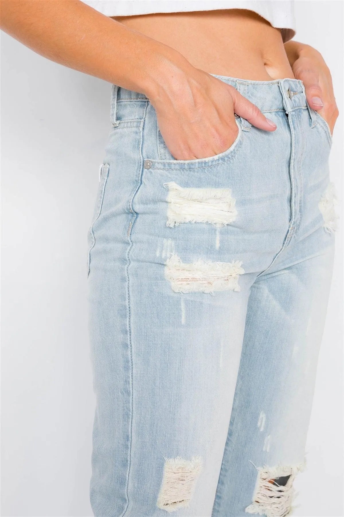 Light Denim Distressed Wide Leg Boyfriend Jeans /2-2-2 - Tasha Apparel Wholesale