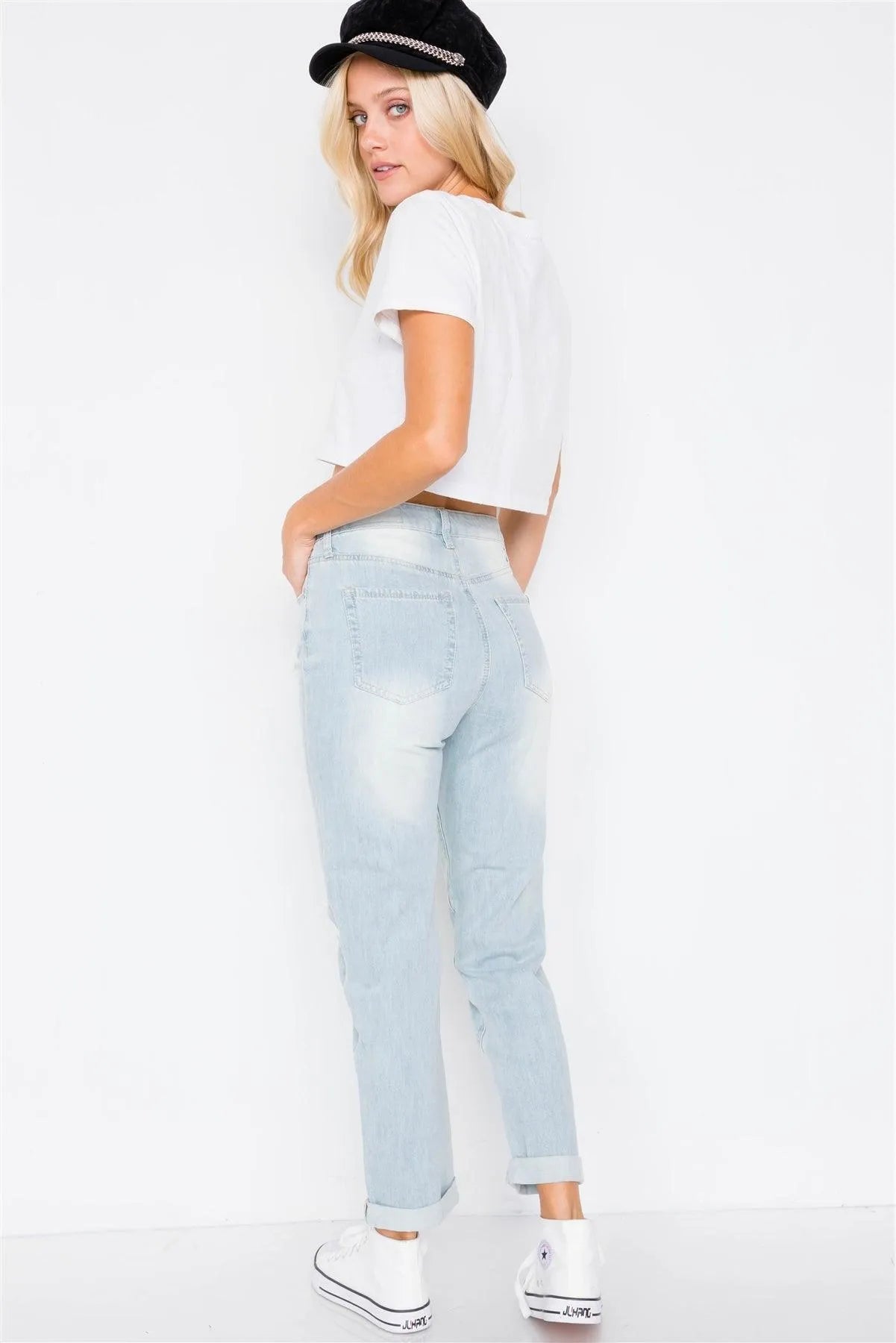 Light Denim Distressed Wide Leg Boyfriend Jeans /2-2-2 - Tasha Apparel Wholesale