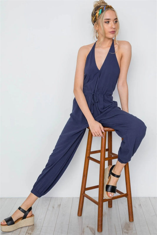 Navy Surplice Neck Open Back Casual Solid Jumpsuit /3-2-1 - Tasha Apparel Wholesale