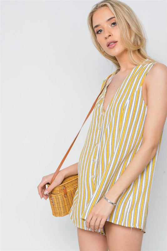 White Mustard Stripe Button Down Casual Romper /2-2-1 - Tasha Apparel Wholesale