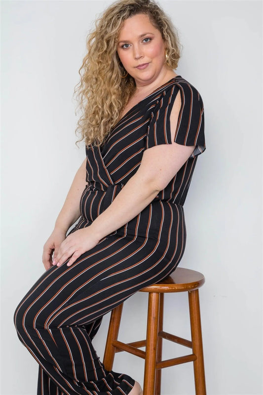 Plus Size Black Stripe Surplice Neckline Short Sleeve Jumpsuit / 2-2-2 - Tasha Apparel Wholesale