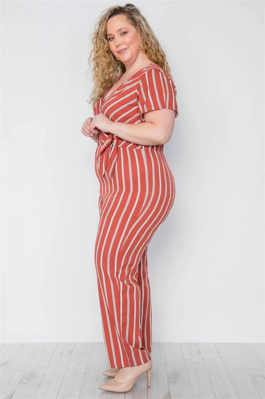 Plus Size Rust Stripe Surplice Neckline Short Sleeve Jumpsuit /1-2-1 - Tasha Apparel Wholesale
