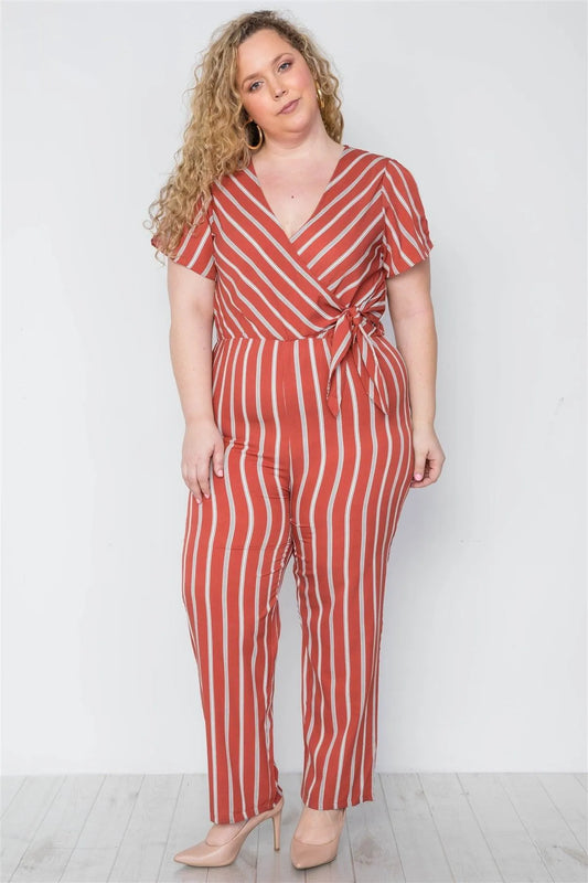 Plus Size Rust Stripe Surplice Neckline Short Sleeve Jumpsuit /2-2-2 - Tasha Apparel Wholesale