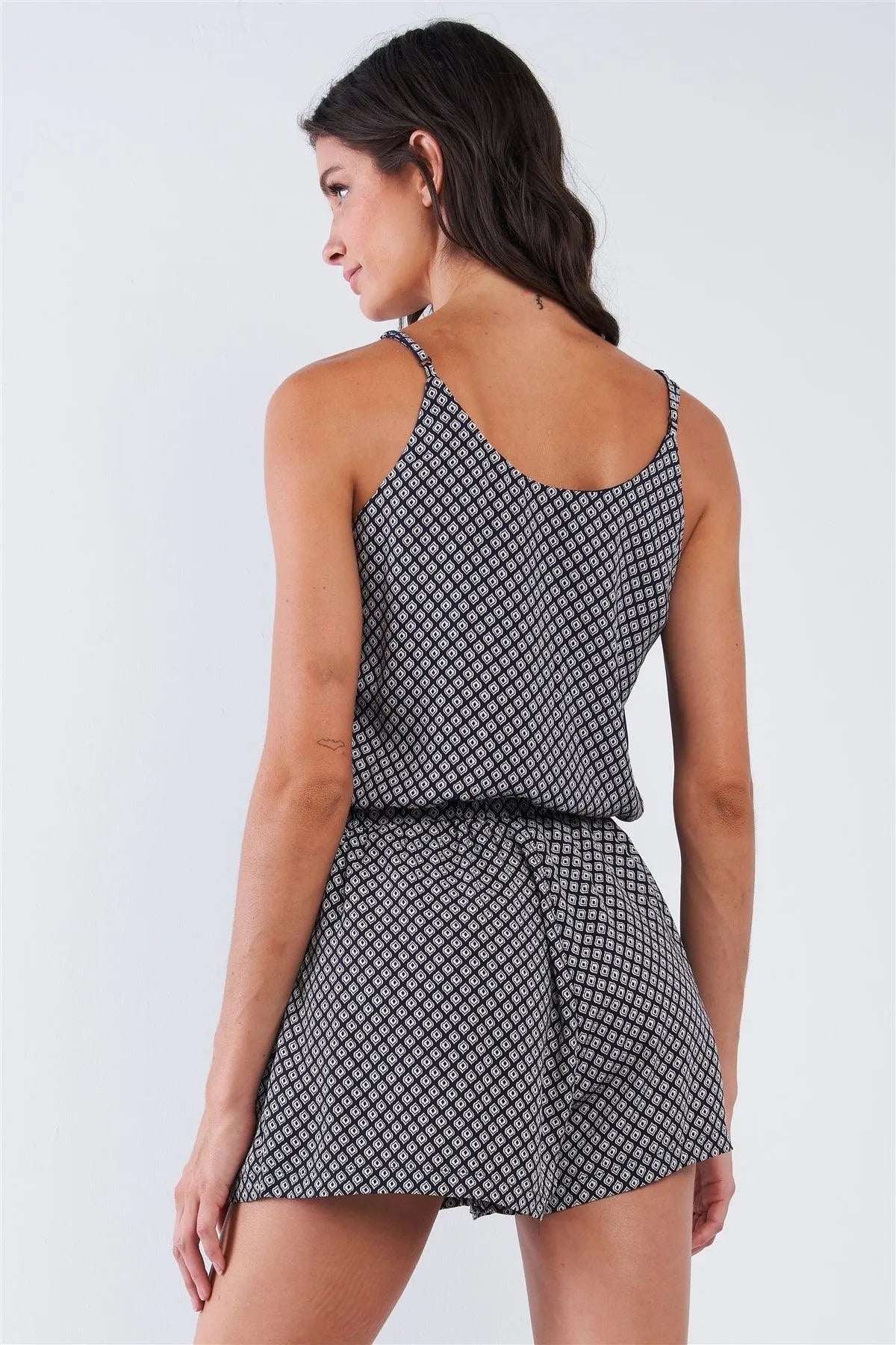 Navy White Diamond Print Adjustable Cami Strap Overlap Chest Layered Romper /1-2-3-1 - Tasha Apparel Wholesale