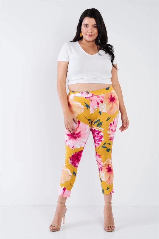 Junior Plus Size Yellow Floral Chic Ankle Length Leggings /2-2-2 - Tasha Apparel Wholesale
