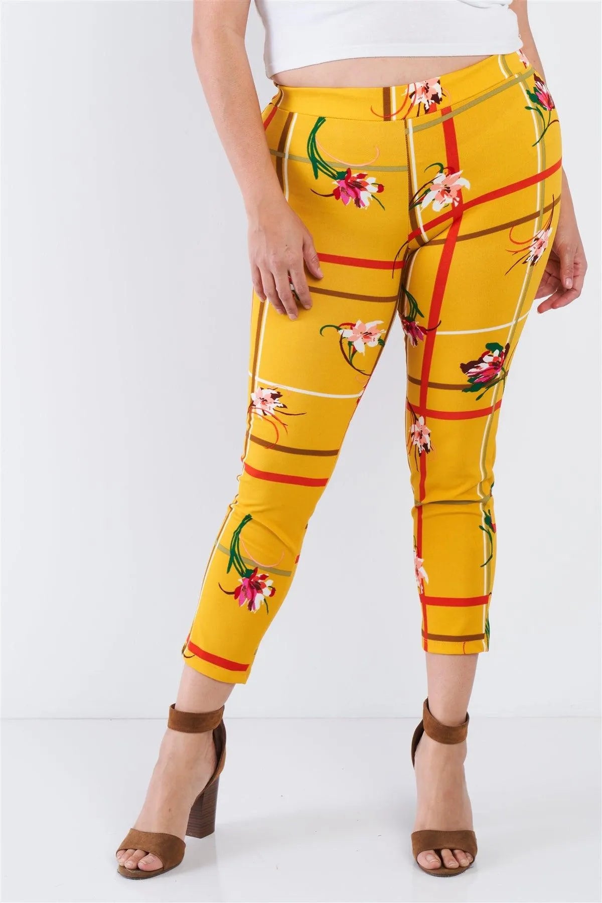 Junior Plus Size Mustard Yellow Floral Plaid Stripes Leggings /2-2-2 - Tasha Apparel Wholesale