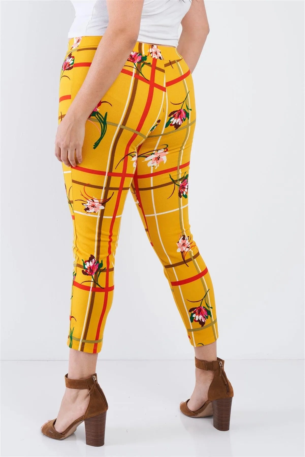 Junior Plus Size Mustard Yellow Floral Plaid Stripes Leggings /2-2-2 - Tasha Apparel Wholesale