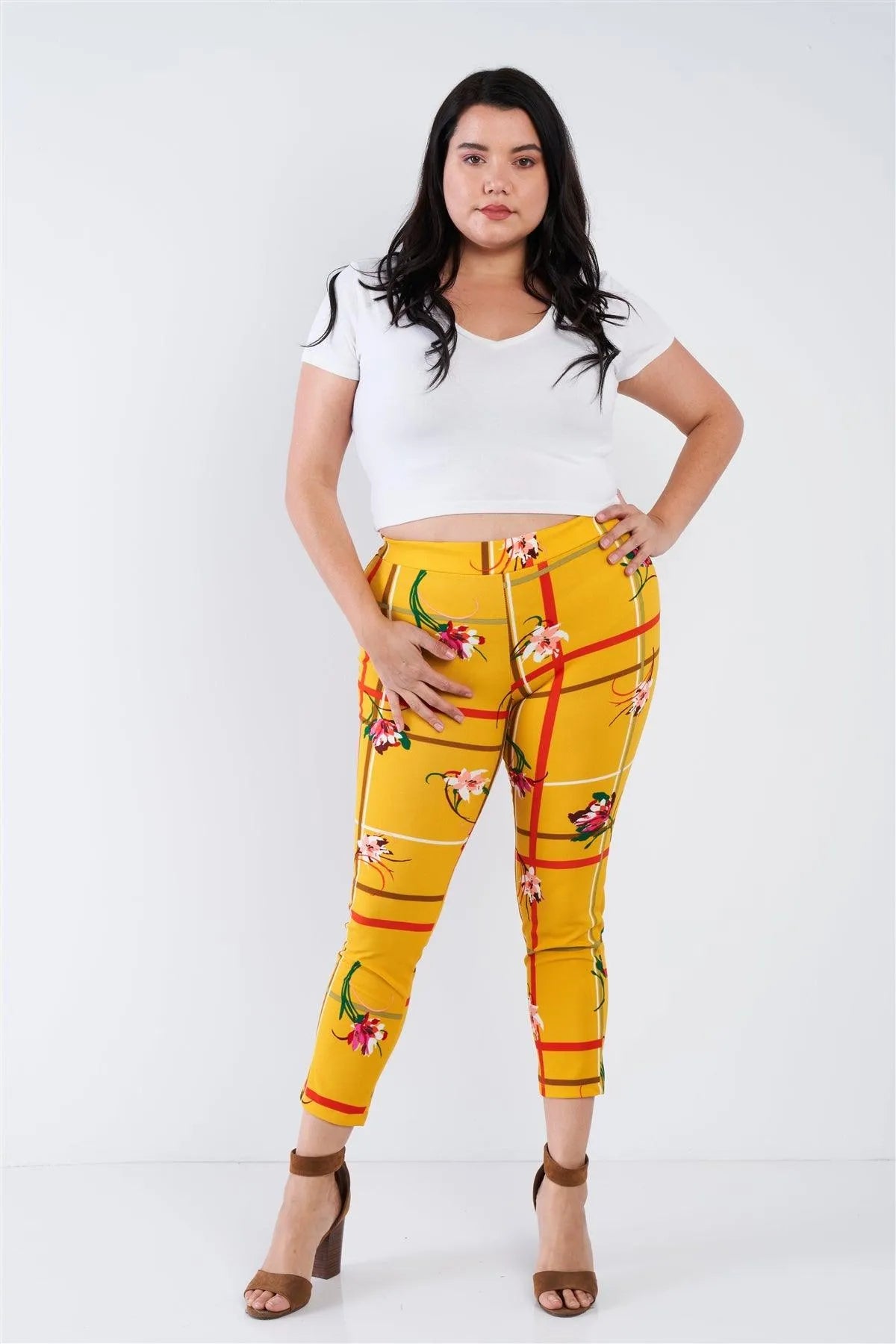 Junior Plus Size Mustard Yellow Floral Plaid Stripes Leggings /2-2-2 - Tasha Apparel Wholesale