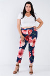 Plus Size Navy Blue Water Color Floral Chic Ankle Length Leggings  /2-2-2