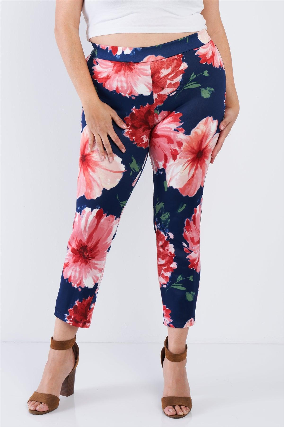 Plus Size Navy Blue Water Color Floral Chic Ankle Length Leggings  /2-2-2