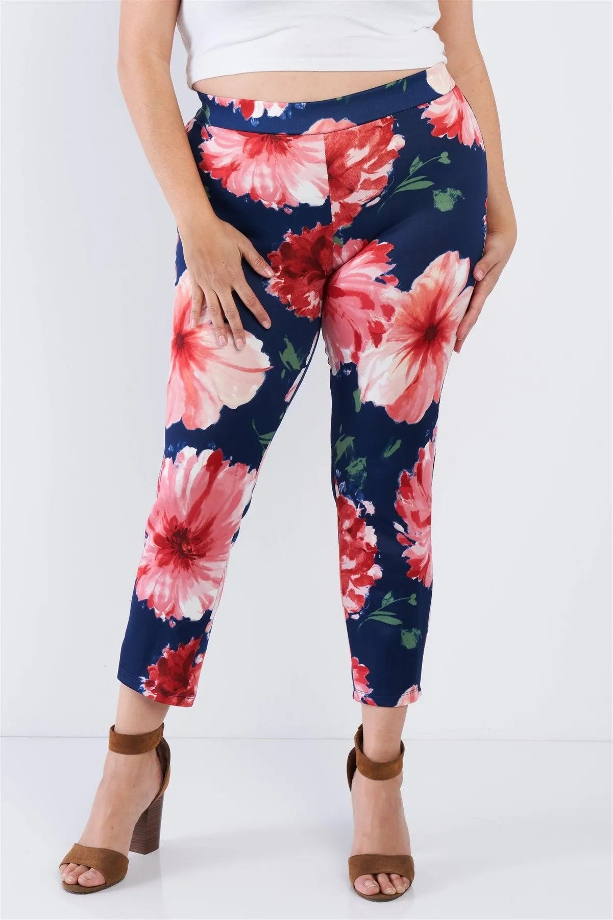 Plus Size Navy Blue Water Color Floral Chic Ankle Length Leggings /2-2-2 - Tasha Apparel Wholesale