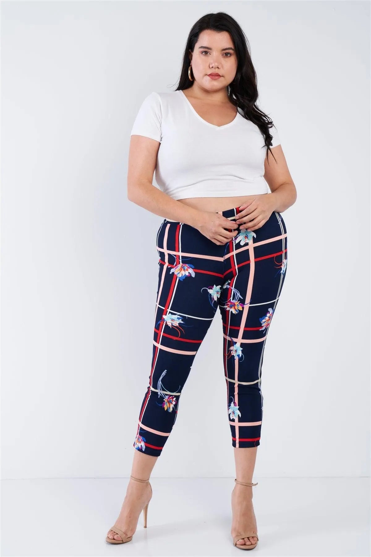 Junior Plus Size Navy Blue Floral Plaid Stripes Leggings /2-2-2 - Tasha Apparel Wholesale