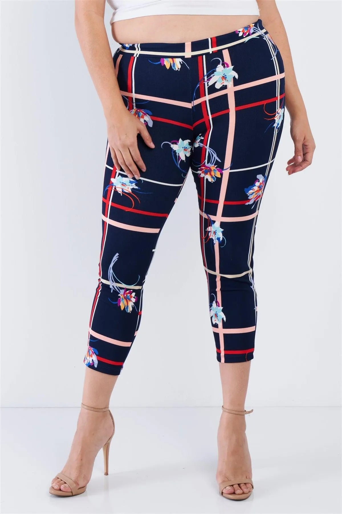 Junior Plus Size Navy Blue Floral Plaid Stripes Leggings /2-2-2 - Tasha Apparel Wholesale