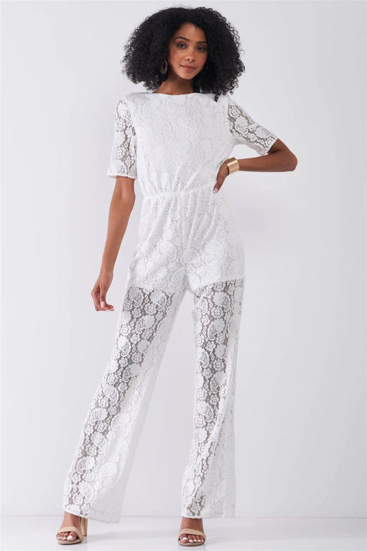 Lace Crochet Self-Tie Open Back Wide Leg Jumpsuit - Tasha Apparel Wholesale