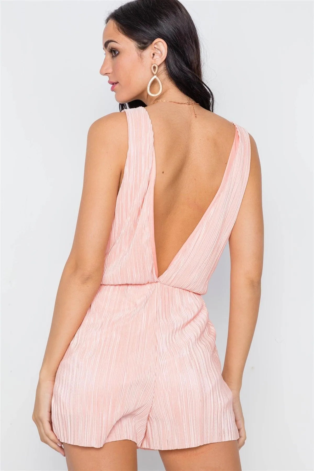 Peach Pleated Surplice Plunge Boho Romper /1-2-2 - Tasha Apparel Wholesale