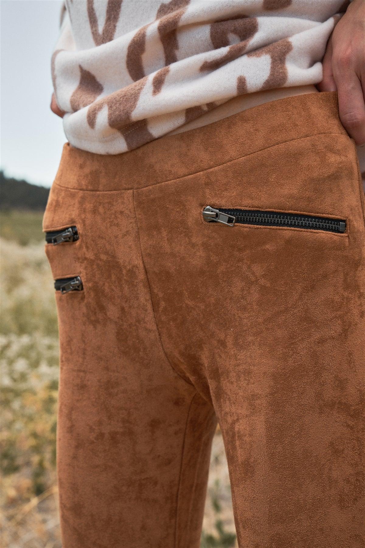 Camel Faux Suede Front Zipper Details Legging Pants /2-3