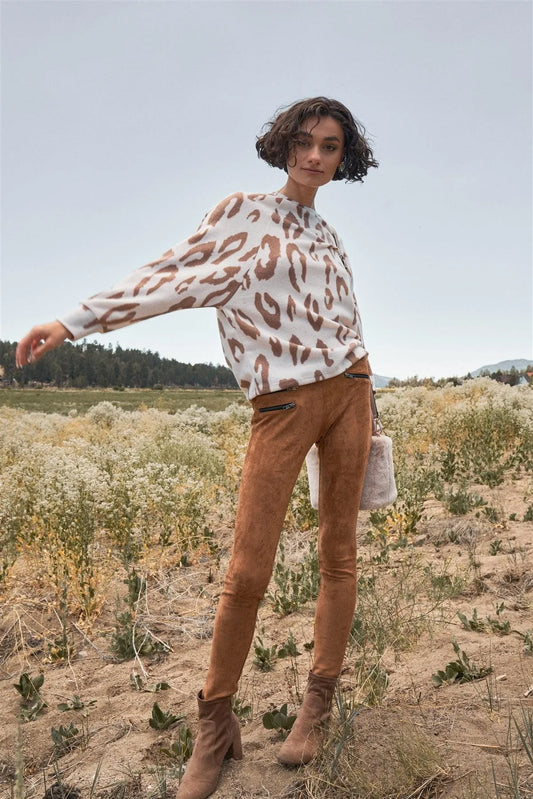 Camel Faux Suede Front Zipper Details Legging Pants - Tasha Apparel Wholesale