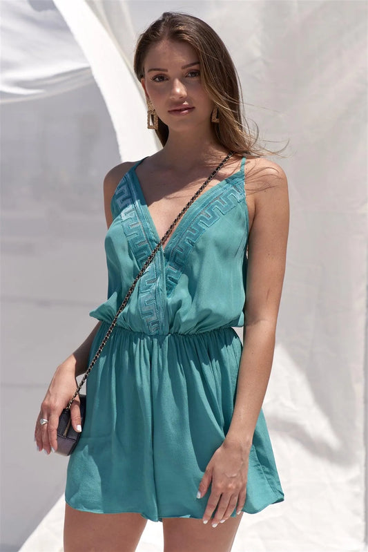 Teal Greek Embroidery Velvet V-Neck Romper /1-2-2-1 - Tasha Apparel Wholesale