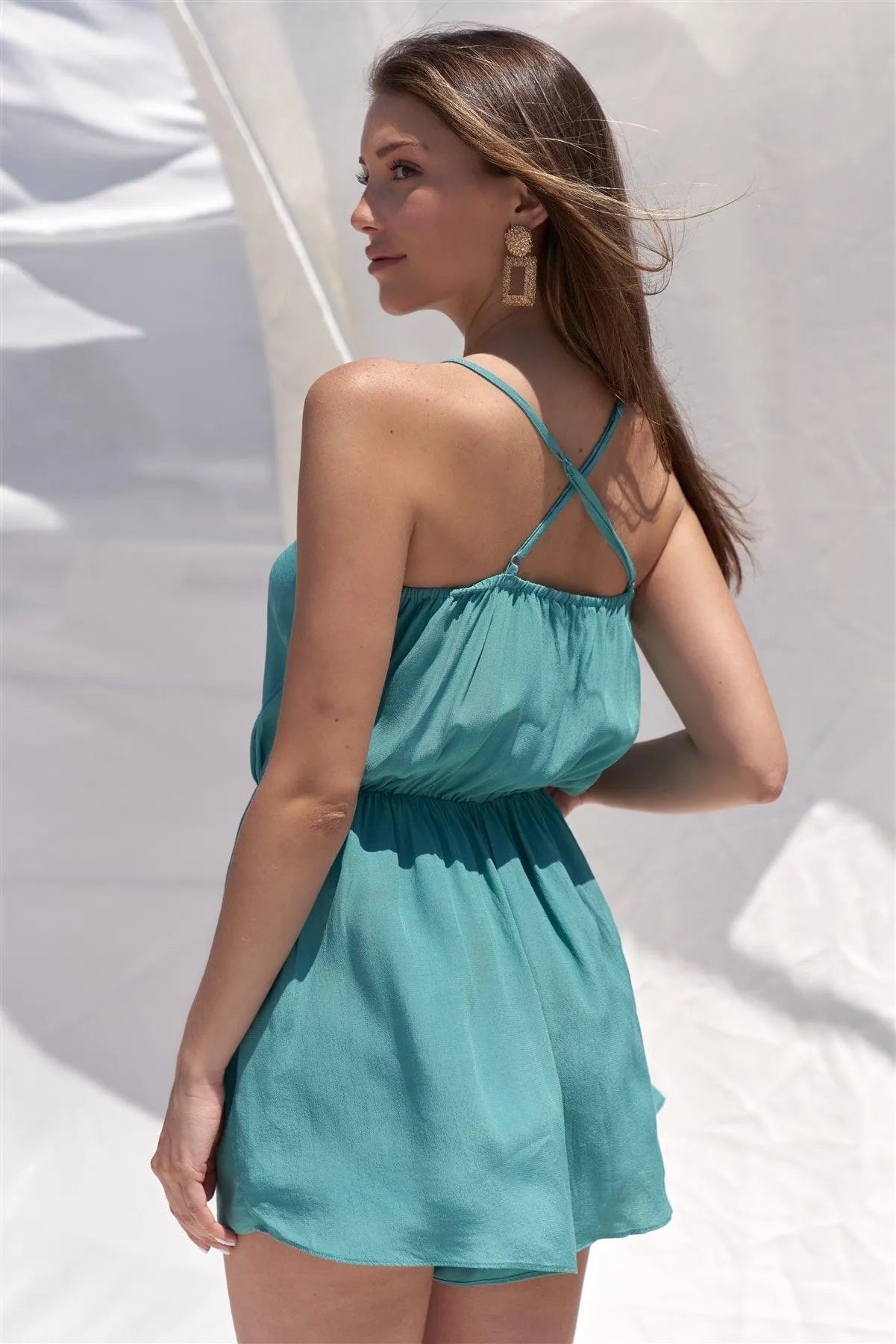 Teal Greek Embroidery Velvet V-Neck Romper /1-2-2-1 - Tasha Apparel Wholesale