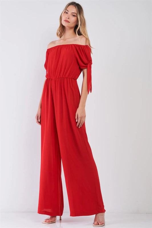 Red Off-The-Shoulder Wide Leg Jumpsuit - Tasha Apparel Wholesale