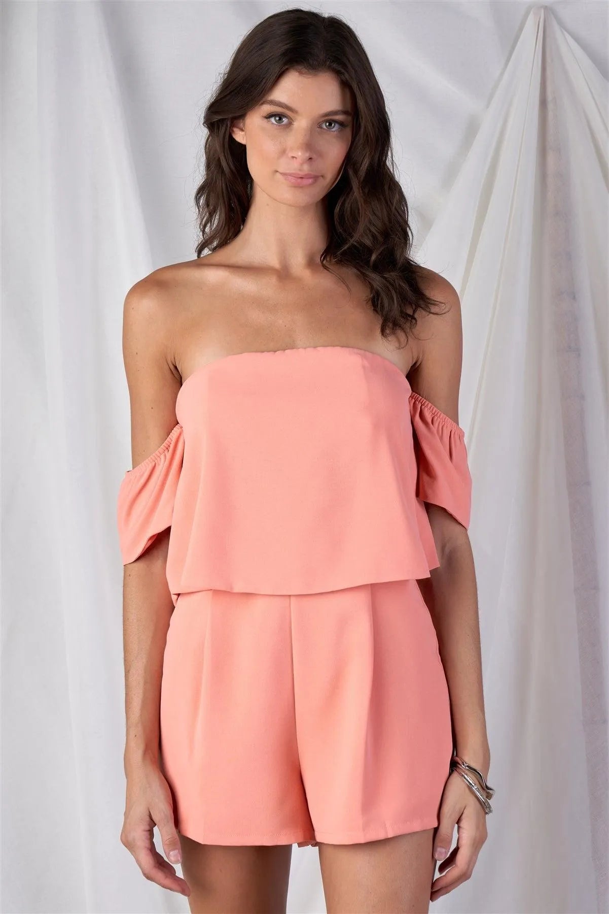 Salmon Pink Tear Drop Layered Off The Shoulder Backside Bow Tie Romper /1-1-3-2 - Tasha Apparel Wholesale