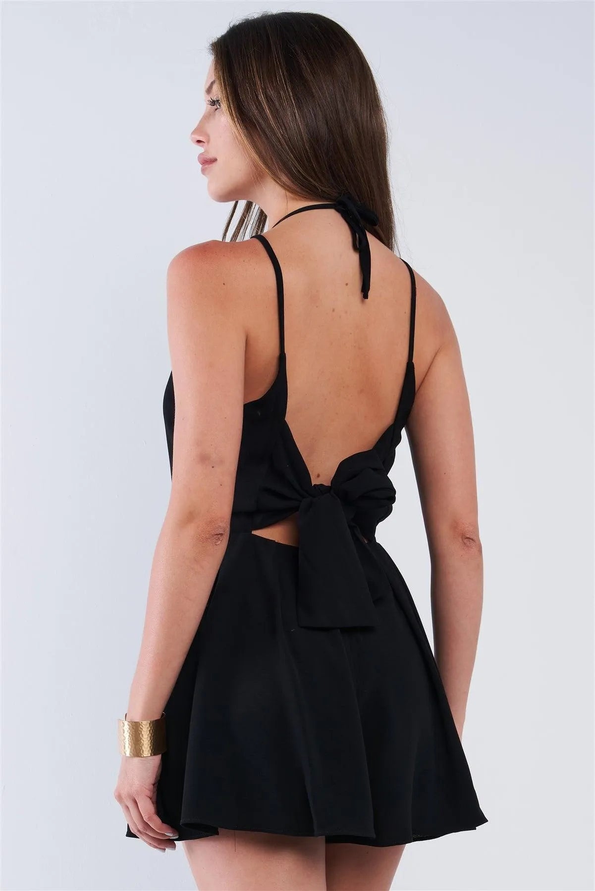 Solid Black Dressy Sleeveless Open Back Knot Tie Up Romper - Tasha Apparel Wholesale