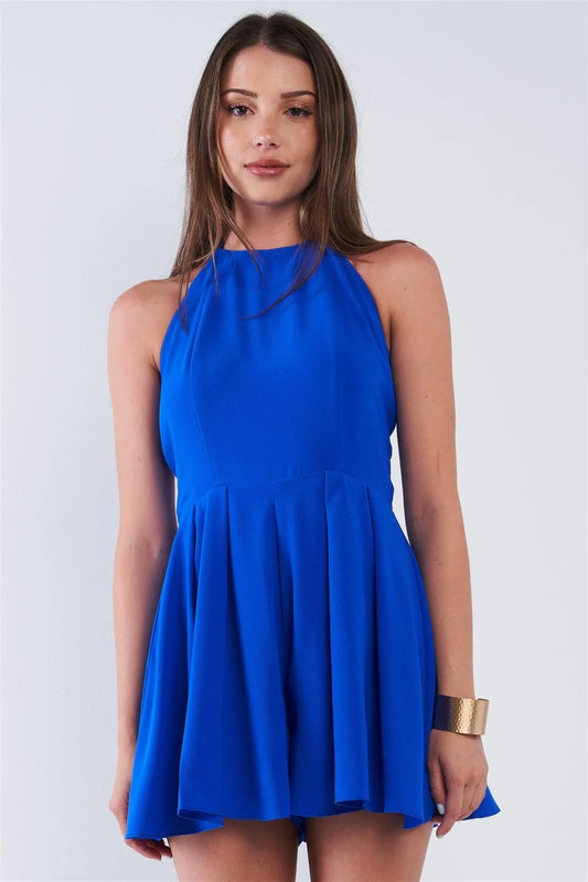 Royal Blue Sleeveless Open Back Knot Tie Up Romper /1-2-2-1 - Tasha Apparel Wholesale