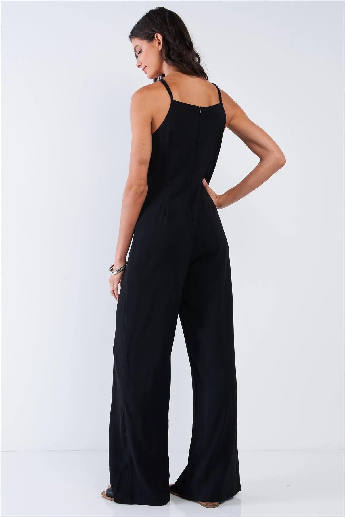 Black Sophisticated Floral Embroidered Sleeveless Wide Leg Jumpsuit /1-2-2-1 - Tasha Apparel Wholesale