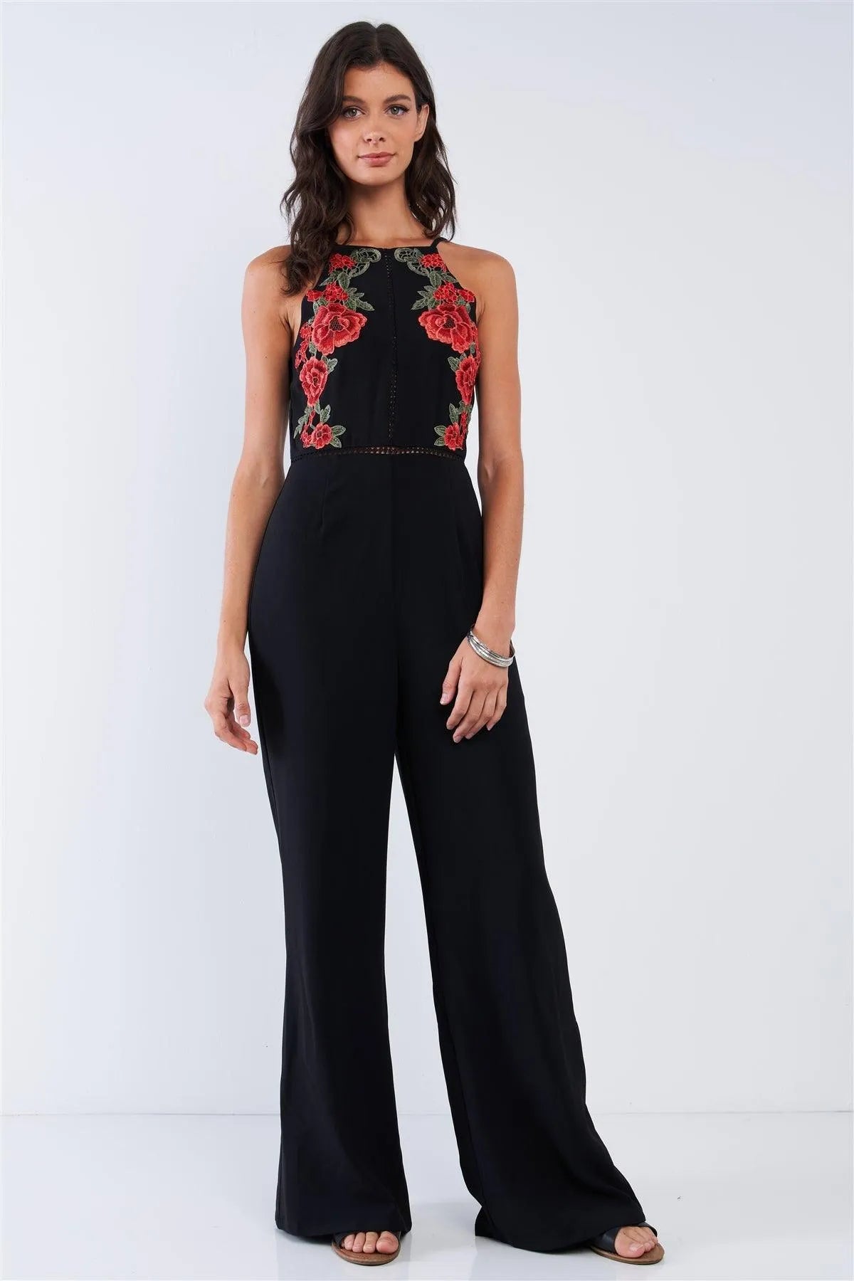 Black Sophisticated Floral Embroidered Sleeveless Wide Leg Jumpsuit /1-2-2-1 - Tasha Apparel Wholesale