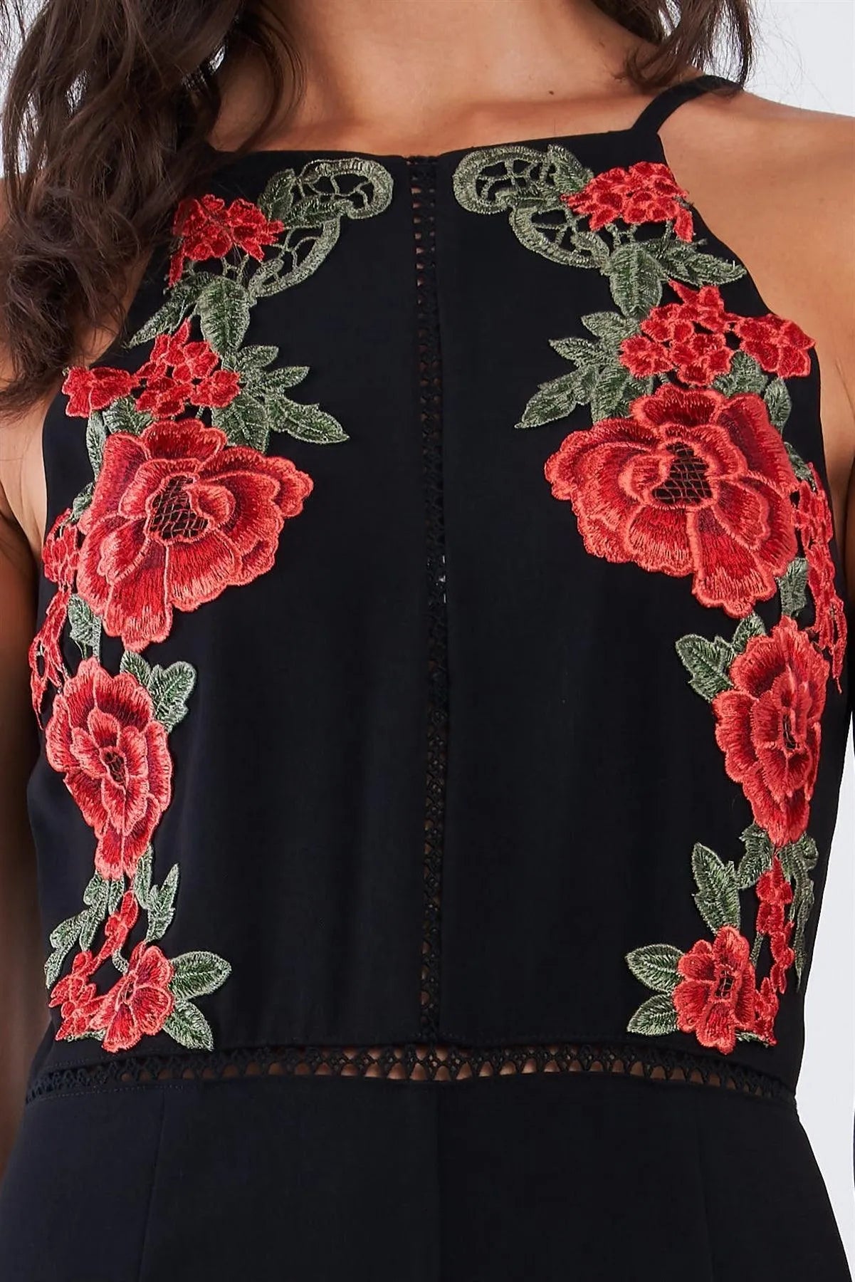 Black Sophisticated Floral Embroidered Sleeveless Wide Leg Jumpsuit /1-2-2-1 - Tasha Apparel Wholesale