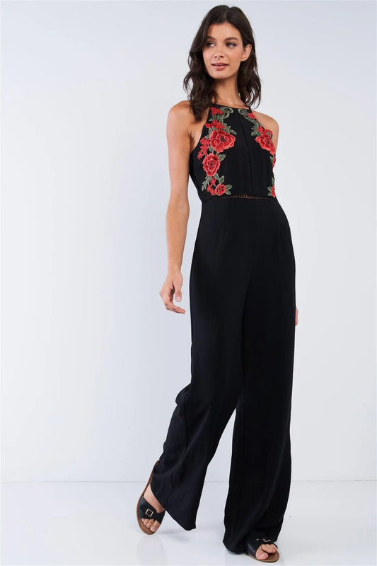 Black Sophisticated Floral Embroidered Sleeveless Wide Leg Jumpsuit - Tasha Apparel Wholesale