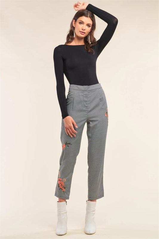 Black White Houndstooth Print Embroidery Capri Pants - Tasha Apparel Wholesale