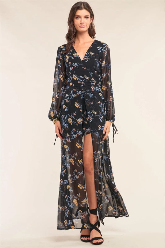 Black Multicolor Floral Print Wrap Deep Plunge V-Neck Long Sleeve Semi-Dress Romper - Tasha Apparel Wholesale