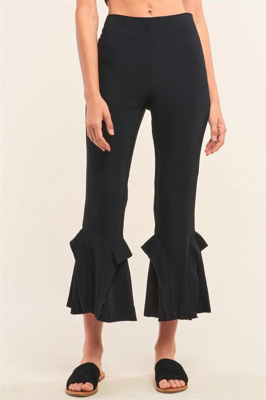 Black High Waisted Fitted Ruffle Trim Flare Detail Capri Pants /1-2-2-1 - Tasha Apparel Wholesale