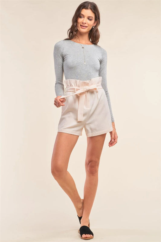 Ivory Nude Solid High Waisted Detachable Self-Tie Belt Flare Mini Shorts /2-1-1-1 - Tasha Apparel Wholesale