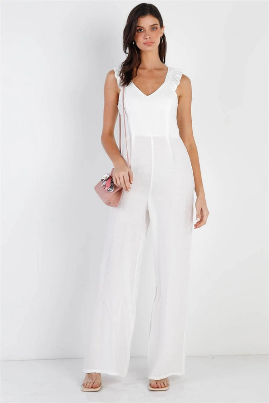 White Textured Ruffle Trim Straps Sleeveless Wide Leg Jumpsuit /3-3 - Tasha Apparel Wholesale