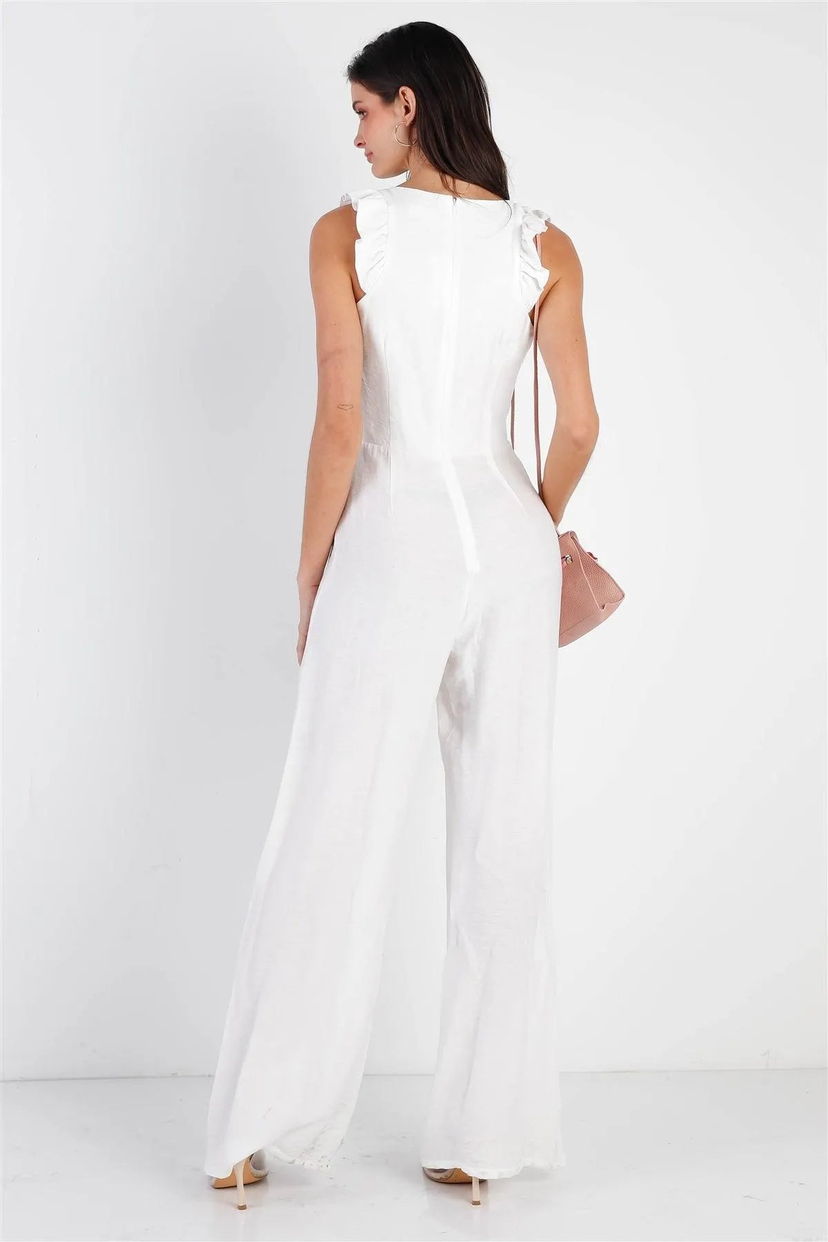 White Textured Ruffle Trim Straps Sleeveless Wide Leg Jumpsuit /1-1-2-1 - Tasha Apparel Wholesale